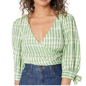 Cinq à Sept “Flora” Gia Plaid Tie-Sleeve Wrap Crop Top – Size L NWT